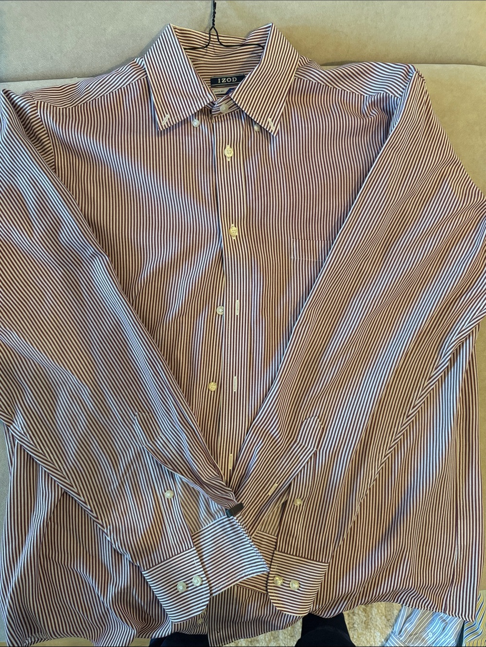 Izod Men's Burgundy and White Pinstripe Dress Shirt